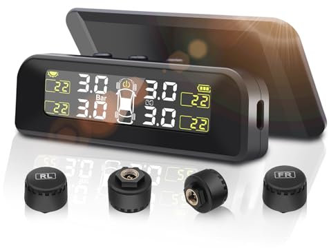 Avutrel TPMS Sistema Di Monitoraggio Della Pressione Degli Pneumatici Ricarica Solare Senza Fili e USB, 5 Modalità Di Allarme, 4 Sensori Pressione Pneumatici per Auto, SUV, Furgoni