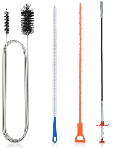 Cozary 4 Piezas Cepillo de Limpieza de Tuberías, Desatascador Tuberias Profesional, con Pinza y Drain Cleaner y Cepillo de Limpieza Desagüe, para Desagüe Limpieza de Baño Cocina