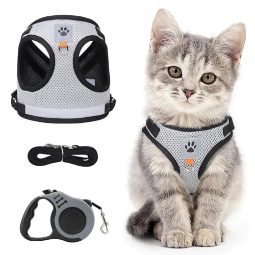 UIHRLM Cat Harness and Lead Set, Escape Proof Kitten Harness & 16.4 Ft/5M Automatic Extendable Leash, Reflective in Dark Vest with Soft Lead for Small Pets Puppy Walking Travel Safety (Grey, XS)