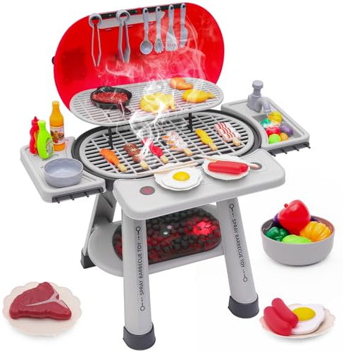 Kids BBQ Grill Toy with Light-Up & Smoke Effect – 68PCS Accessories & Play Food, Pretend Play Grill Set for Toddlers Ages 3+, Realistic Outdoor Barbecue Cooking Toy for Boys and Girls