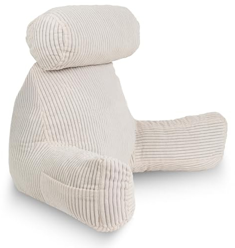 bananair - Cojín Lectura Cama de Pana - Funda Desenfundable y Lavable a Máquina - Suave y Cómodo - Respaldo con Reposabrazos y Asiento Ergonómico (Blanco Roto)