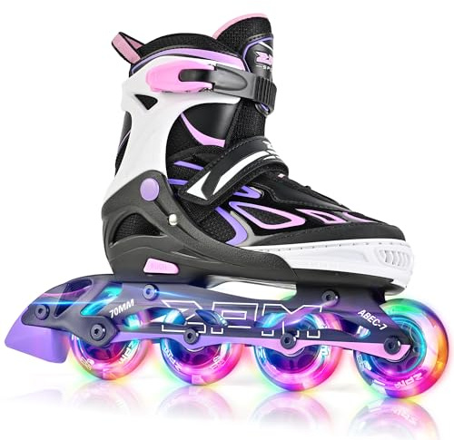 2PM SPORTS Verstellbar Inliner für Kinder, Leucht Inline Skates Rollschuhe für Damen/Herren (Purple Pink M)