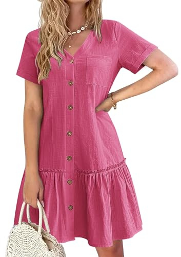 Hotouch Sommarklänning Dam Button Down Linnenklänning Strandklänning Casual V-ringning Miniklänning Kortärmad A-linje Klänning Volangeröverkast Kläder, Rosenröd, L