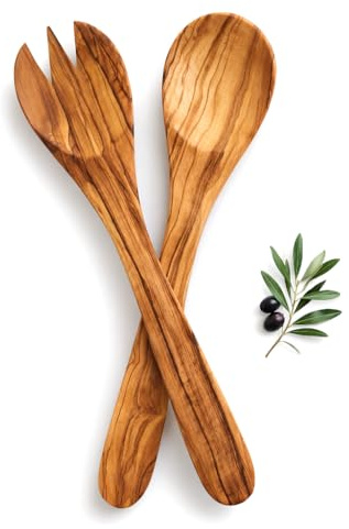 Posate in legno d'ulivo naturale, forchetta e cucchiaio, utensili da cucina, insalate, pasti, 30 cm