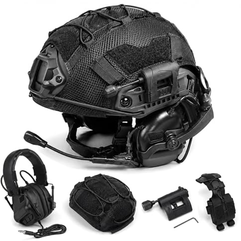 FmedRBC Tactical Helmet Set With Comms Headset And Mesh Cover, Adjustable Modular Protection System With Detachable Boom Mic, Counterweight Pouch For Airsoft, Paintball, Cosplay(Black)