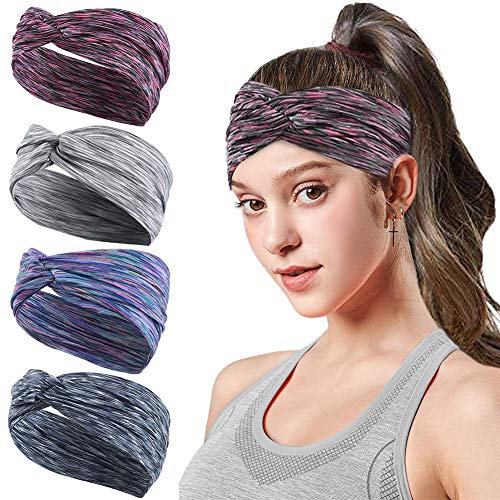 Stirnband Damen Haarband,4 Stücks Headband Anti Rutsch elastische Sport Stirnband kommt mit Cross Design Frauen Schweißband absorbierende Feuchtigkeit für Yoga Fitness