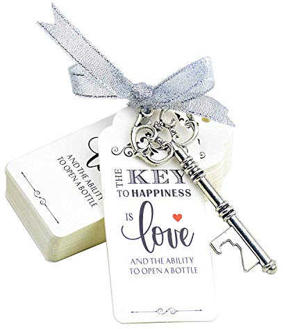 Aokbean 52pcs Antique Skeleton Key Bottle Opener Wedding/Party Favor Guest Souvenir Gift Set with Escort Thank You Tag Card and Ribbon(Antique Silver)