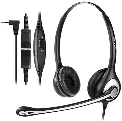 Wantek 2,5mm Schnurlos Telefon Headset Dual mit Noise Cancelling Mikrofon, Quick Disconnect, Festnetztelefon Kopfhörer Telefonieren Headset