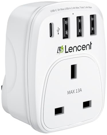 LENCENT USB Plug Charger UK with 1 Type C and 3 USB Ports, 1 Way Socket Extension, 5-in-1 Multiport Adapter Plug UK for Household Appliances, iPhone, Smartphone Tablets, Ideal for Home Office 3250W