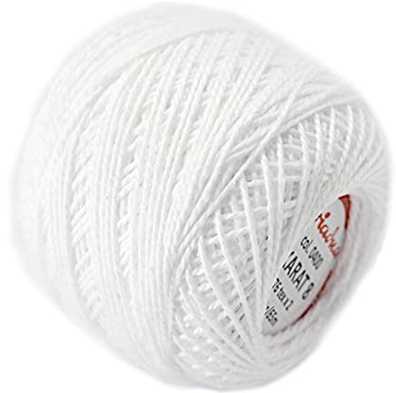 Cotton Crochet Embroidery Yarn 71yd/65m Quality Ball 0.35oz/10g Thread Floss Size 8 (White 0400)