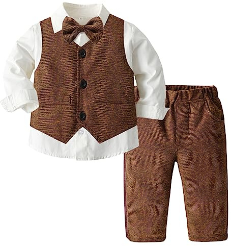Yimutian Conjunto de Traje de Caballero para Bebés Niños, 4 Piezas Camisa + Pantalón + Chaleco + Pajarita Traje de Bautizo Fiesta Boda Ceremonia Marrón 2-3 años