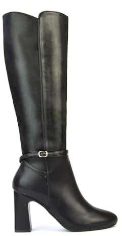 ESSEX GLAM Womens Heeled Boots Ladies Knee High Block Heel Smart Zip Black Faux Leather Winter Smart Long Booties Shoes Size 4