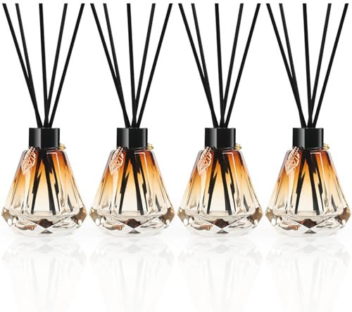 Reed Diffuser Set - 4 Empty Bottles with 20 Sticks, Delicate Gold Leaf Decor, Glass Fragrance Diffuser with Lids for Home, Bathroom | Refillable, Diamond Style (4 PCS Black)