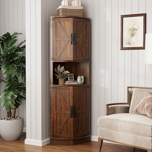 Vabches 64.8 Tall Farmhouse Corner Cabinet with 4 Doors and 5 Storage Shelves, Farmhouse Storage Cabinet with Barn Door Design, Home Space Saver for Living Room, Kitchen, Laundry Room,Brown