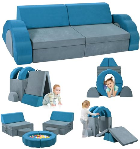 Lischwert Kindersofa, 10pcs Spielsofa für Kinder Schaumstoff Bausteine, Modulares Kindersofa Weicher Kindermöbel Couch für Jungen und Mädchen Entwicklung Intelligenz（Graue und Blaue Farbabstimmung）