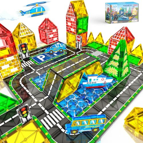 Magnetische Bausteine Straßenset mit Auto Magnetspiel Magnete Kinder Ausfahrbarem Magnetbausteine Straße Fliesen Spielzeug ab 3 4 5 Jahre Junge Mädchen Kinderspielzeug Weihnachten Geburtstag Geschenke