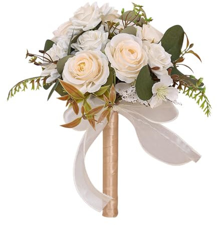 InteDesign Artificial White Rose Wedding Bouquet, Medium Size, 1 Count, Realistic Silk Flowers, Pre-arranged, Classic/Elegant Style, Perfect for Weddings & Home Decor