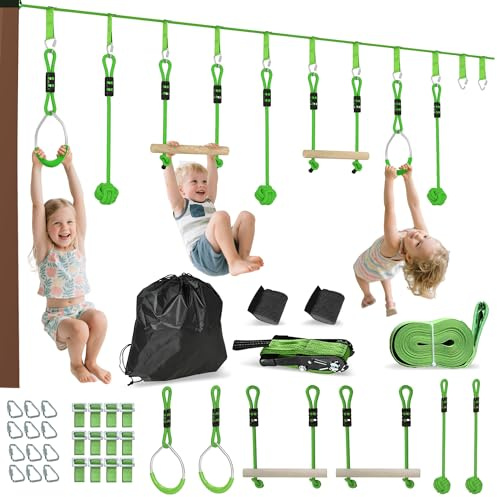 AIYAPLAY Ninja hinderbana för barn 10 m belastning 50 kg Slackline och bärväska, utomhus lekutrustning för flickor och pojkar, enkel installation, grön