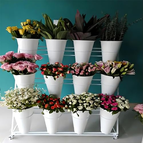 Soporte Para Exhibición De Flores Con Cubos, Estantería De Flores Con Ruedas, estante de carro de plantas de uso pesado, Para exteriores, patio, jardín, floristería (White Bucket White Bucket)