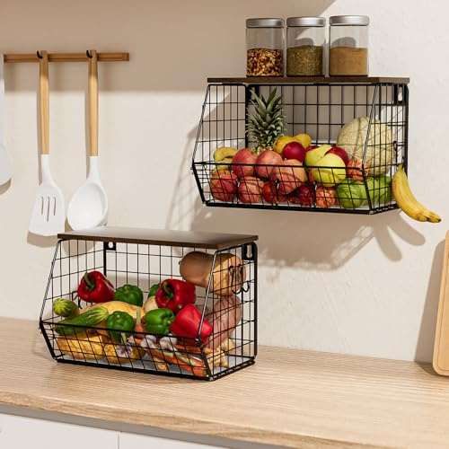 2 PCS Panier Fruit Etage Mural Amovibles & Pliables 5 Crochets Panier a Fruit Mural avec Couvercle en Bois et Design Empilable pour Gain de Place Idéal pour Rangement de Cuisine, Fruits et Légumes