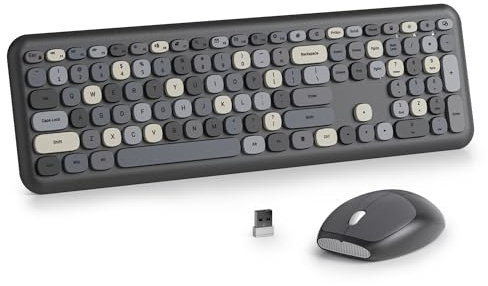 SOLIDEE Kabellose Tastatur und Maus Set,2.4GHz Retro Schreibmaschine Tastatur mit 104 Tasten und Ziffernblock,Leise Membran Tastatur mit Bunten Runden Tasten,Plug&Play(Amerikanisch QWERTY)(Black Grey)