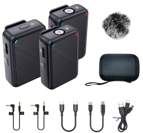 Fangxuee Microphone D'Enregistrement Lavalier à Double Canal avec 98 Pieds pour Smartphone, Appareil Photo Reflex Numérique, DV, Vlog, Style Live : 1 RX et 2TX