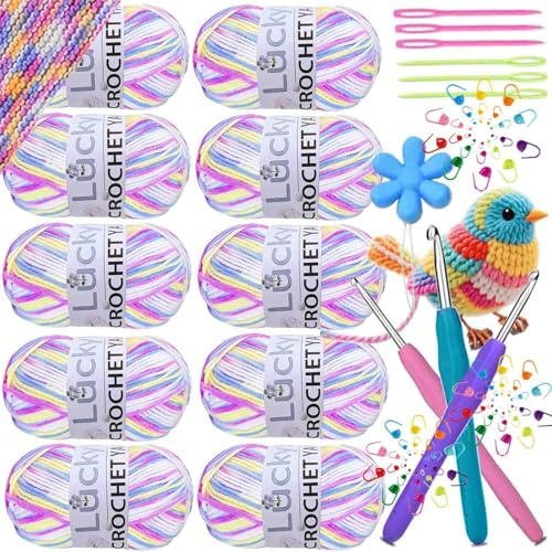 Fil à Tricoter 500 g (10 x 50 g), Multicolore Dégradé, Fil à Tricoter Acrylique Coloré Pour Chaussettes au Crochet, Echarpes, Mitaines, Pulls et Travaux Manuels Pour Enfants (Dégradé violet-blanc)