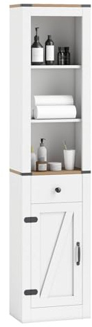 COSTWAY Bathroom Tall Cabinet, Farmhouse Slim Bathroom Storage Unit with Barn Door, Drawer and Open/Adjustable Shelf, 173cm High Wooden Freestanding Narrow Floor Cupboard for Living Room Kitchen