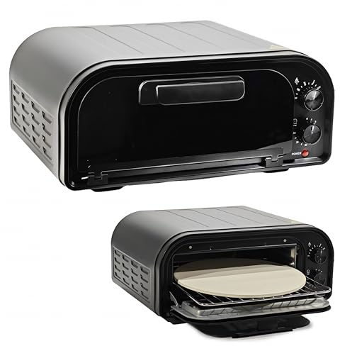 EMPOTEC Forno Pizza Focaccia Doppio Elemento Riscaldante 100-350° Sportello in Vetro Termostato Timer 1600W Pizze 30cm Metallo/Policarbonato Pietra Refrattaria Pinza Estrazione Griglia Pronta in 6min