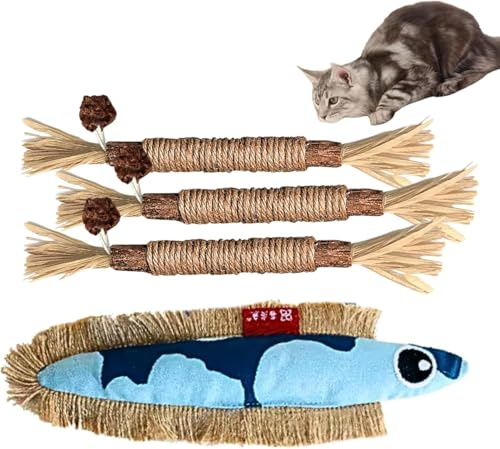 TheGuard Silvervine Chew Sticks for Cats – 4 Natural Cat Toy set for Indoor Cats, Healthy Teeth & Mental Enrichment, 1 Cute Fish Toy silvervine for cats, Potent Fresh Matatabi Sticks