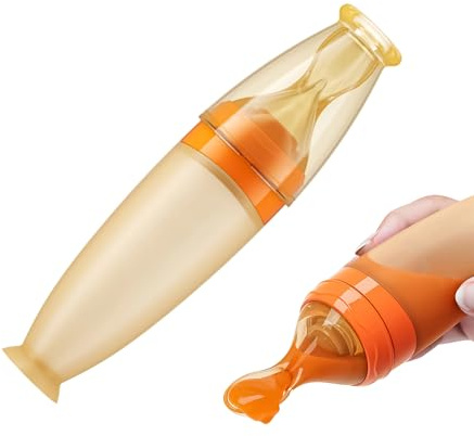 Babysked | Värmebeständig klämdispenser med stativ | Squeeze-matsked med sugpropp | för müslipuré, fruktvatten