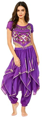 Baisdan 2 Piece Belly Dance Costume for Women, Jasmine Costume Adult Crop Top Harem Pants Set for Arabian Indian Halloween Carnival Dance Performance