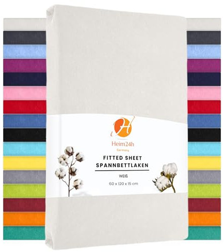 Heim24h Spannbettlaken 60x120cm bis 15 cm, Weiß, 100% Baumwolle Bettlaken, Öko Tex Zertifiziert Jersey Spannbetttuch