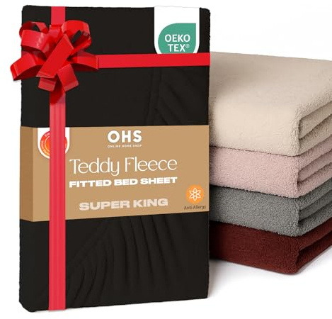 Brentfords Teddy Fleece Fitted Bed Sheet Thermal Warm Soft Luxury Fluffy Cuddly Cosy Bedding, Black - Superking