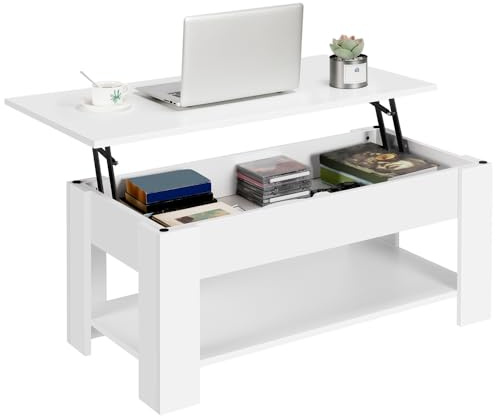 Yaheetech Tavolino da Caffè sollevabile Tavolo Moderno Elevabile da Salotto Divano Caffè con Ripiano Inferiore 98 x 50 x 42-56 cm Bianco