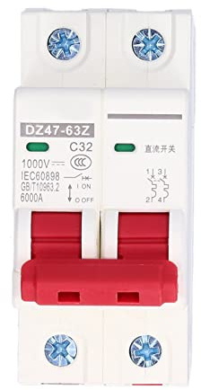 Disyuntor DC,1000V 32A,Interruptor de Circuito Fotovoltaico de 2P,Interruptor Automático Magnetotérmico,para Sistema de Energía Solar ySistema de Comunicación,Montaje en Carril DIN de 35m