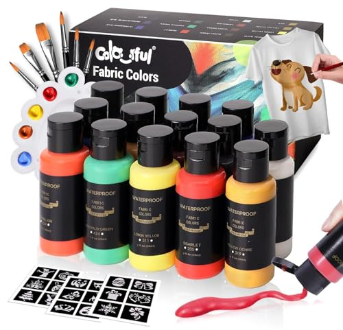 Juego de pintura de tela para ropa con 6 pinceles, 1 paleta, 14 colores 30 ml, kit de pintura permanente para zapatos, camisas de serpiente de lona, juego de pintura resbaladiza para ropa