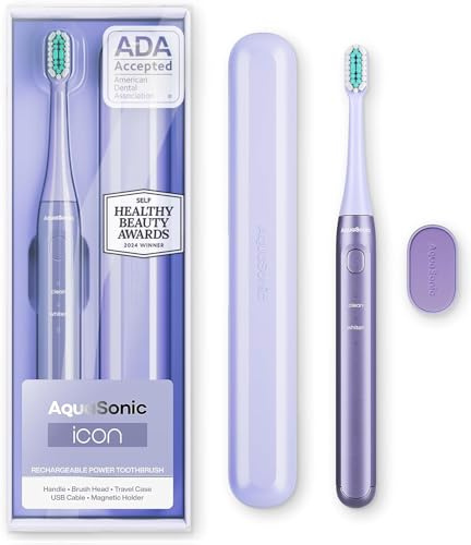 Aquasonic Icon ADA-Accepted Rechargeable Toothbrush | Magnetic Holder & Slim Travel Case | 2 Brushing Modes & Smart Timers | Gentle Micro-Vibrations (Lilac)