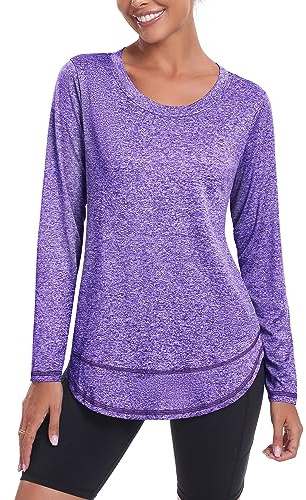 Deaviya Womens Long Sleeve Sports Tops UK, Sport Yoga T-Shirt Workout Running Tops, Crew Neck Quick Dry Golf Activewear Ladies Gym Sports Top, XL,Purple