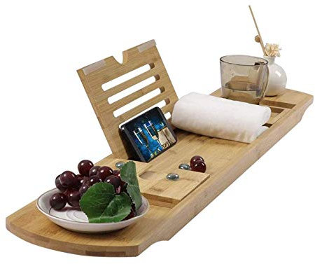 Barra per asciugamani in bambù per vasca da bagno Caddy Organizer antiscivolo Vasca da bagno Vassoio da portata con libro telefonico Porta asciugamani per vasca da bagno