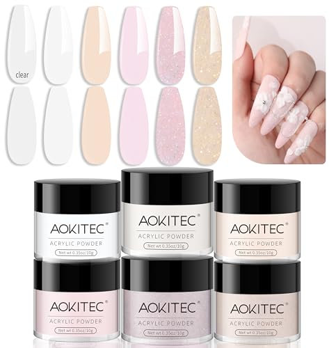 Aokitec Set di 6 colori in polvere acrilica rosa chiaro nude bianco polvere acrilica per estensioni unghie intaglio 3D nail art polvere per unghie acriliche manicure francese salone