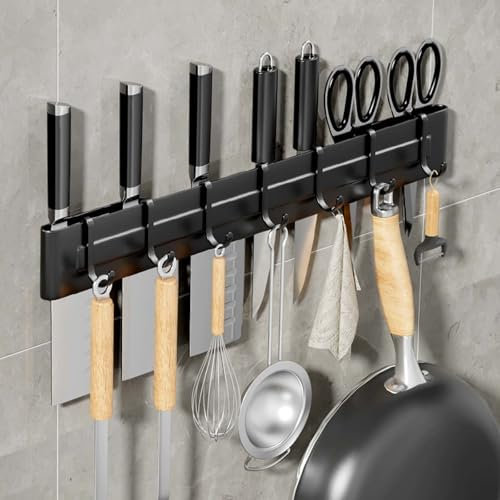 Hnonoxy Support d'ustensiles de Cuisine Mural, 40 cm Barre d'outils de Cuisine avec 7 Crochets Mobiles, Porte-Couteaux Autocollante, Barre de Suspension de Cuisine, Adhésif & Sans Perçage