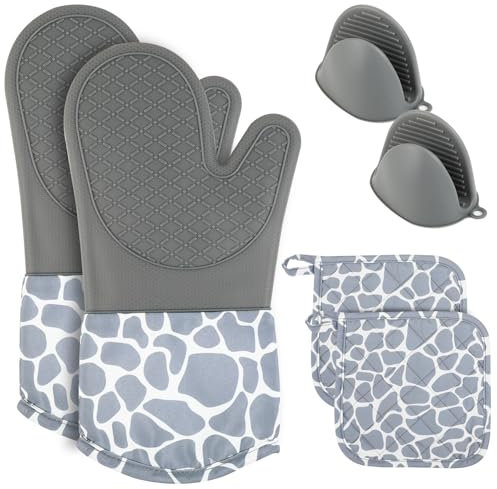 Set di 6 guanti da forno con presine, resistenti al calore fino a 230 °C, inclusi 2 mini guanti in silicone, 2 guanti da forno e 2 presine, durevoli per barbecue, forno, cucina (grigio)