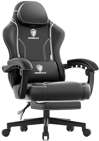 Dowinx Gaming Stuhl, Ergonomischer Gamer Sessel aus PU-Leder mit Lendenstütze, Massagefunktion und breiter Rückenlehne, Belastbar bis 150 kg, Schwarz
