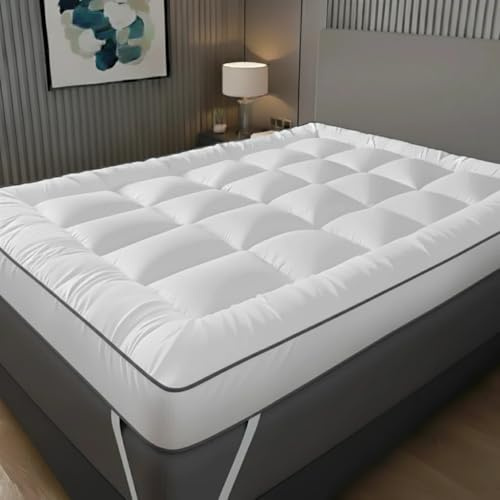 Extra Deep 10cm Mattress Topper Kingsize Bed – Luxury Quilted Hotel Quality Mattress Pad, Ultra Soft Fluffy, Breathable Box Stitched Strong Corner Elastic Straps Machine Washable (King)