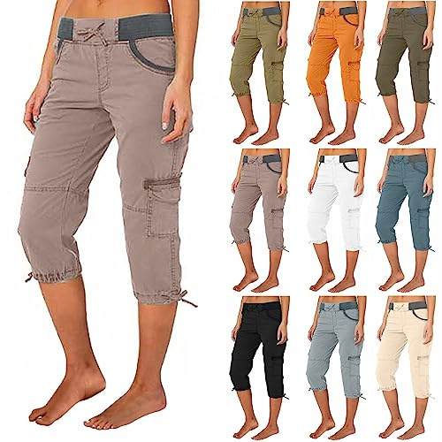 Capribyxor dam, sommar, stretch, cargo, linnebyxor, dam, knälånga sommarbyxor, lätta, 3/4, capri-arbetsbyxor, hög midja, fritidsbyxor med elastiskt band, dambyxor, luftiga löparbyxor, lediga tygbyxor