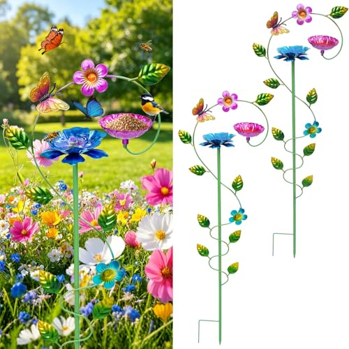 Bee Watering Station for Garden,2 Sets of 4 Cups for Bees，Colorful Double-Flower Bee Bath，Butterfly Bird Pollinator Drinking Cup Feeders (S-shape 2Pack)