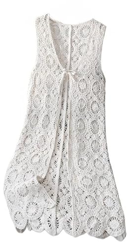 Generisch Chaleco de ganchillo para mujer, ligero, con aspecto bohemio de ganchillo, cárdigan largo sin mangas con detalles de encaje, manta bohemia para festivales y playa, Style_h02 Blanco, Talla