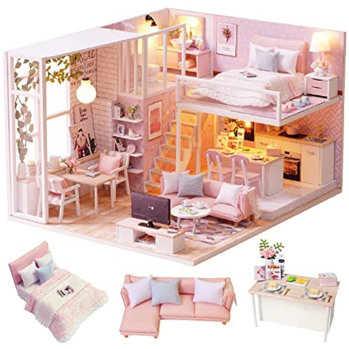CUTEROOM Miniatyrhus att bygga, miniatyr med dockhusmöbler, DIY trä dockhus kit samt musikrörelse
