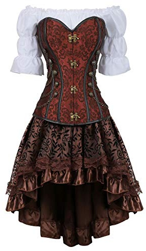 Vestidos Corset Steampunk muje Bustier Sexy gotico Pirata Bordado Cuero Corsé y Falda Tutú Blanco Blusa Fiesta 3 Piezas Marrón M